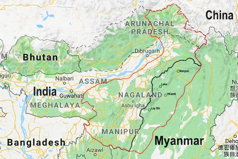Confini del territorio Nagaland (in rosso) separato dal confine India – Myanmar