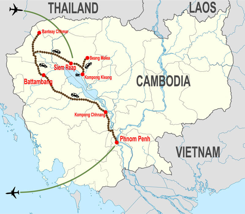 Angkor, Battambang and Phnom Penh - map © In Asia Travel