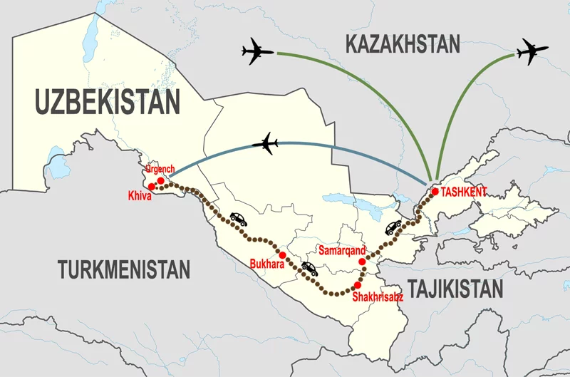 Mappa Tour Classico Uzbekistan da Tashkent @ In Asia Travel