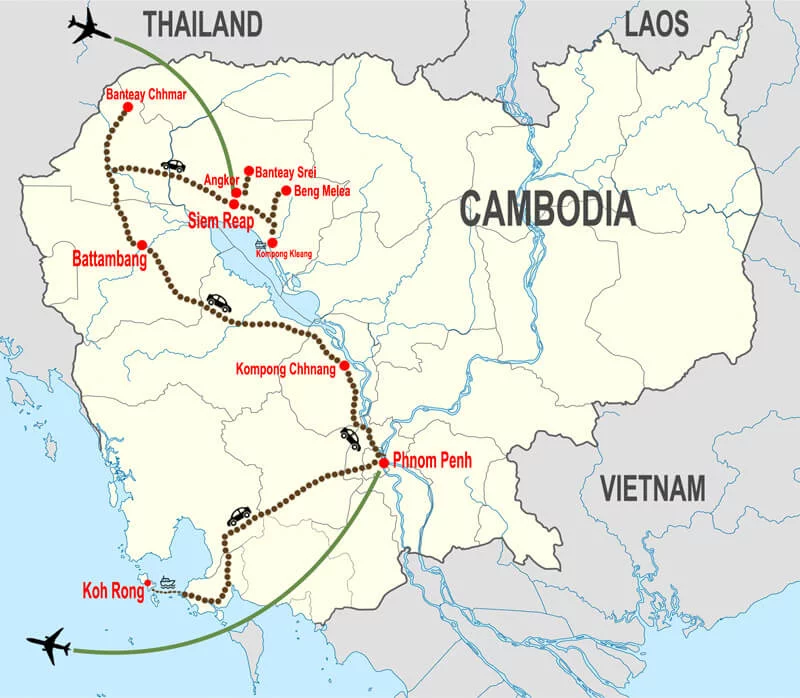Cambodia classic tour and Koh Rong island - map © In Asia Travel