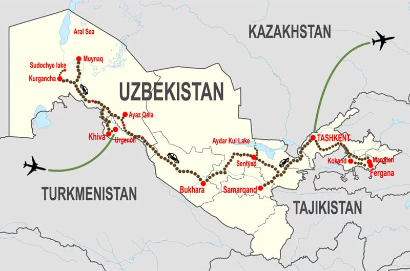 Mappa Gran Tour In Uzbekistan © In Asia Travel