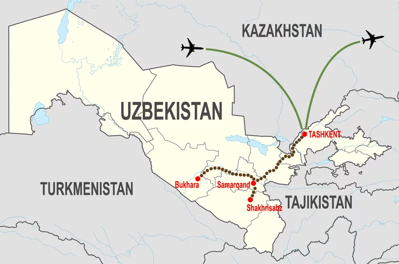 Mappa Tour Culturale Uzbekistan © In Asia Travel