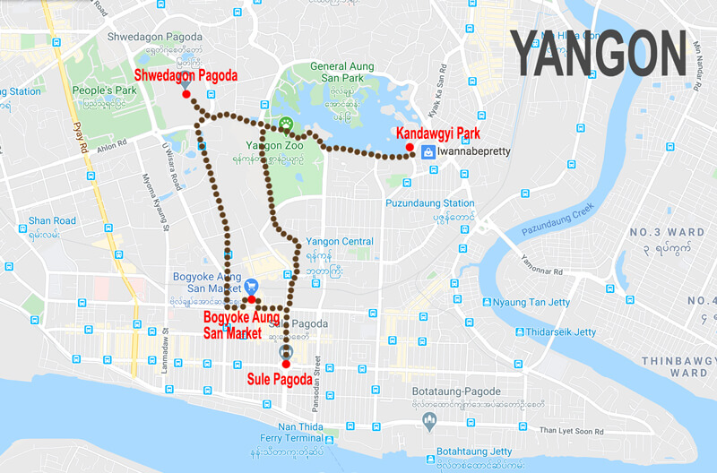 Day tour Yangon - map © In Asia Travel
