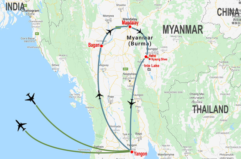 Classic tour in Myanmar - map © In Asia Travel