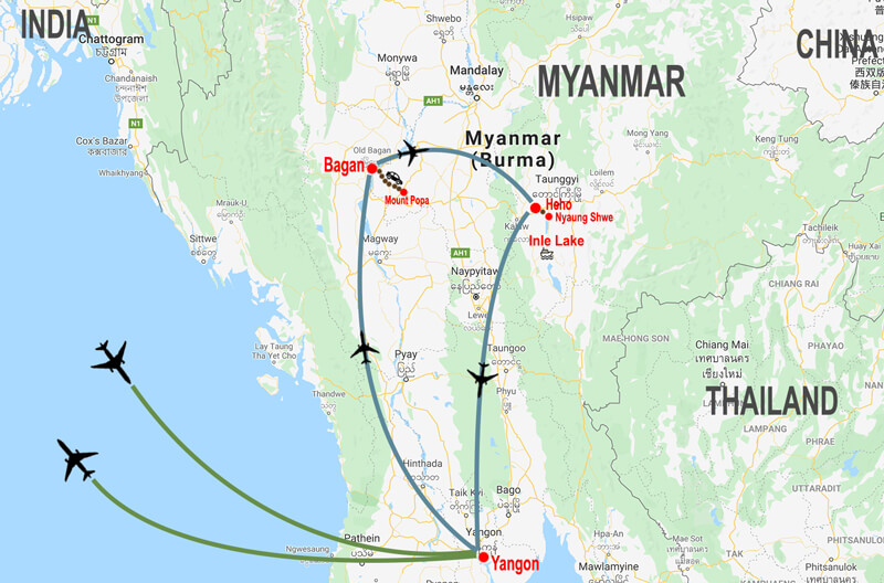 Cultural tour in Myanmar - map © In Asia Travel