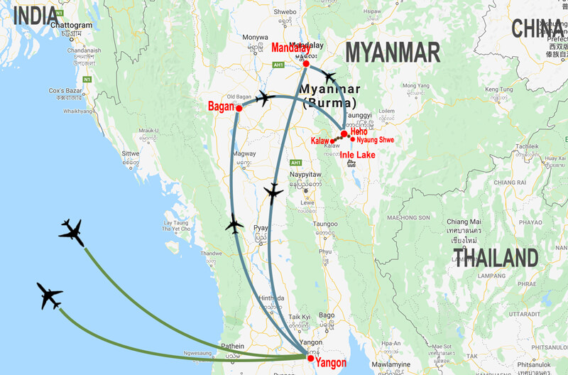Mappa tour Incantevole Myanmar © In Asia Travel
