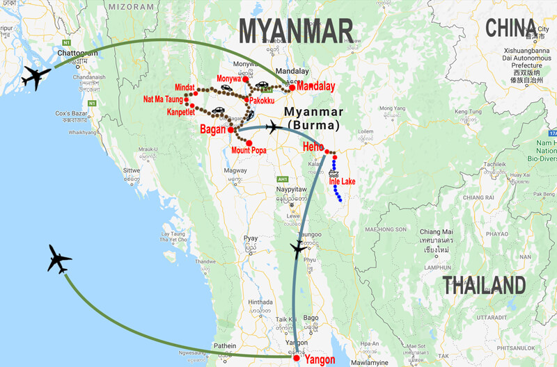 Grand-tour-Myanmar - map © In Asia Travel