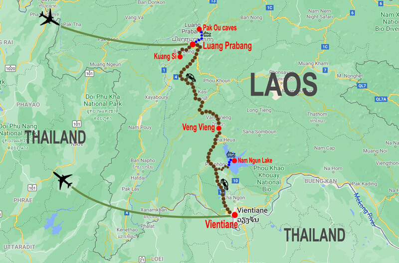 Classic tour in Laos - map © In Asia Travel