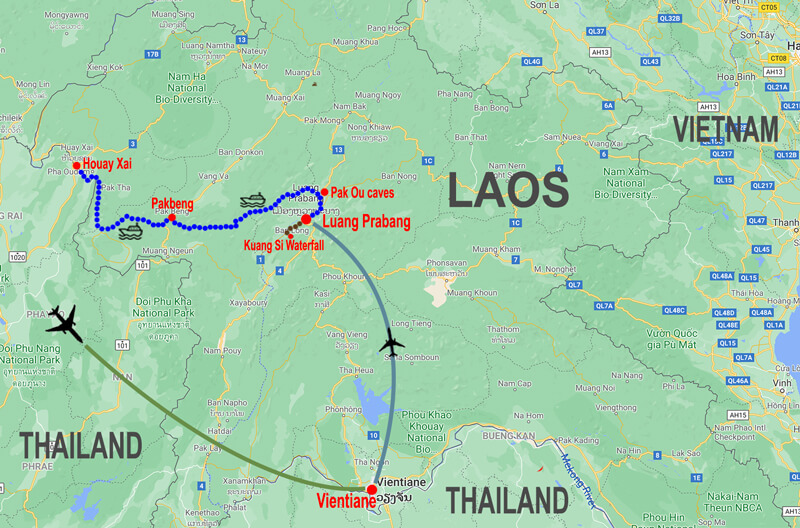Dal Laos alla Thailandia sul fiume Mekong - mappa © In Asia Travel