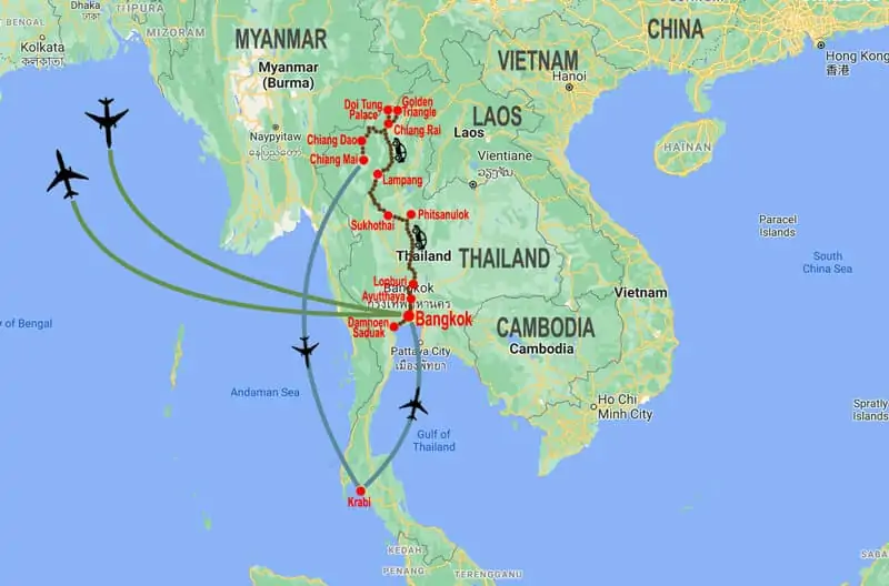 Tour Incredibile Thailandia - mappa © In Asia Travel
