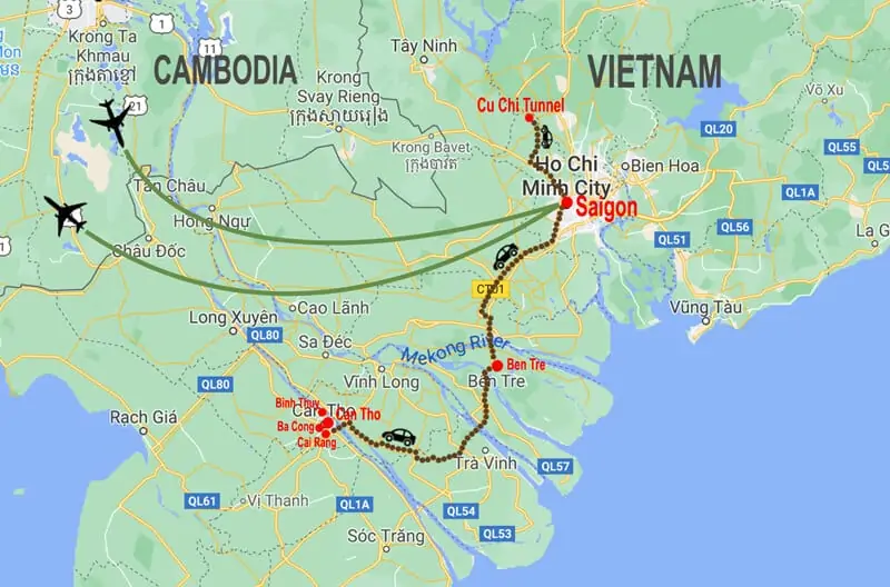 Tour Classico Sud Vietnam - mappa © In Asia Travel