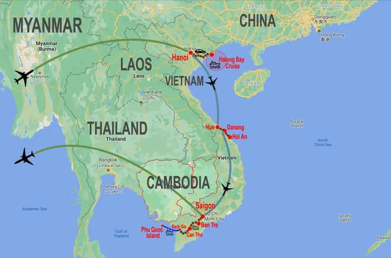 Tour Vietnam con estensione mare - mappa © In Asia Travel