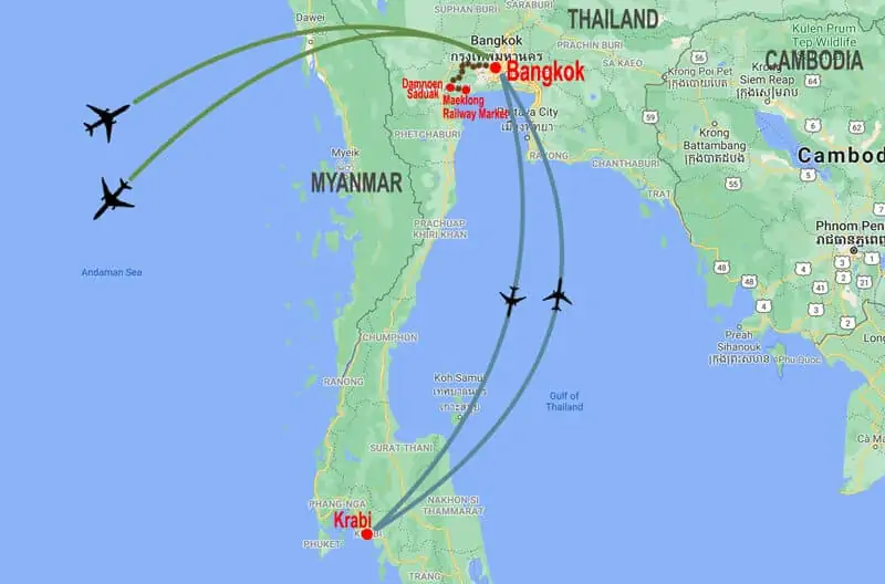 Bangkok and Krabi  tour - map © In Asia Travel