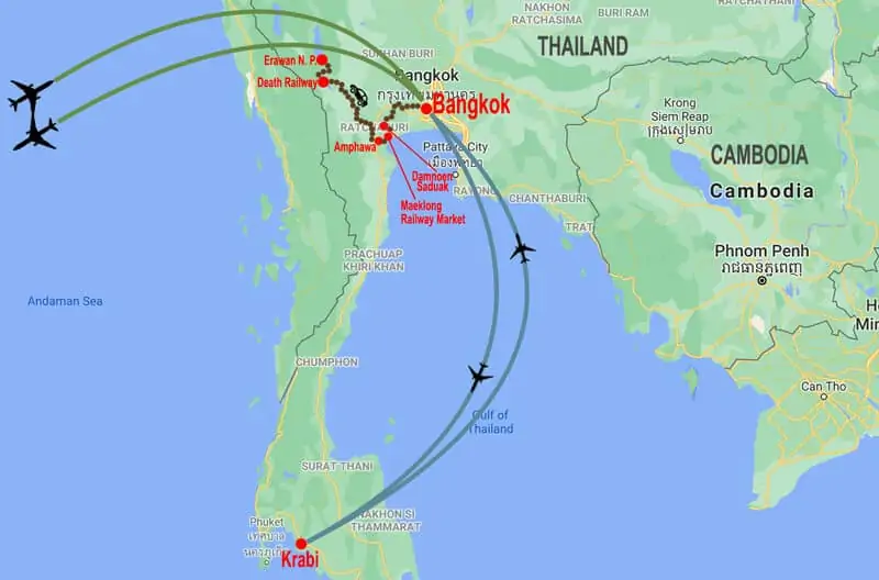 Central Thailand and beach extension tour - map © In Asia Travel