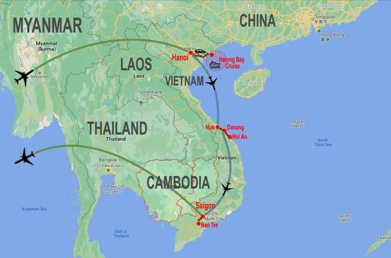 Tour culturale Vietnam - mappa © In Asia Travel