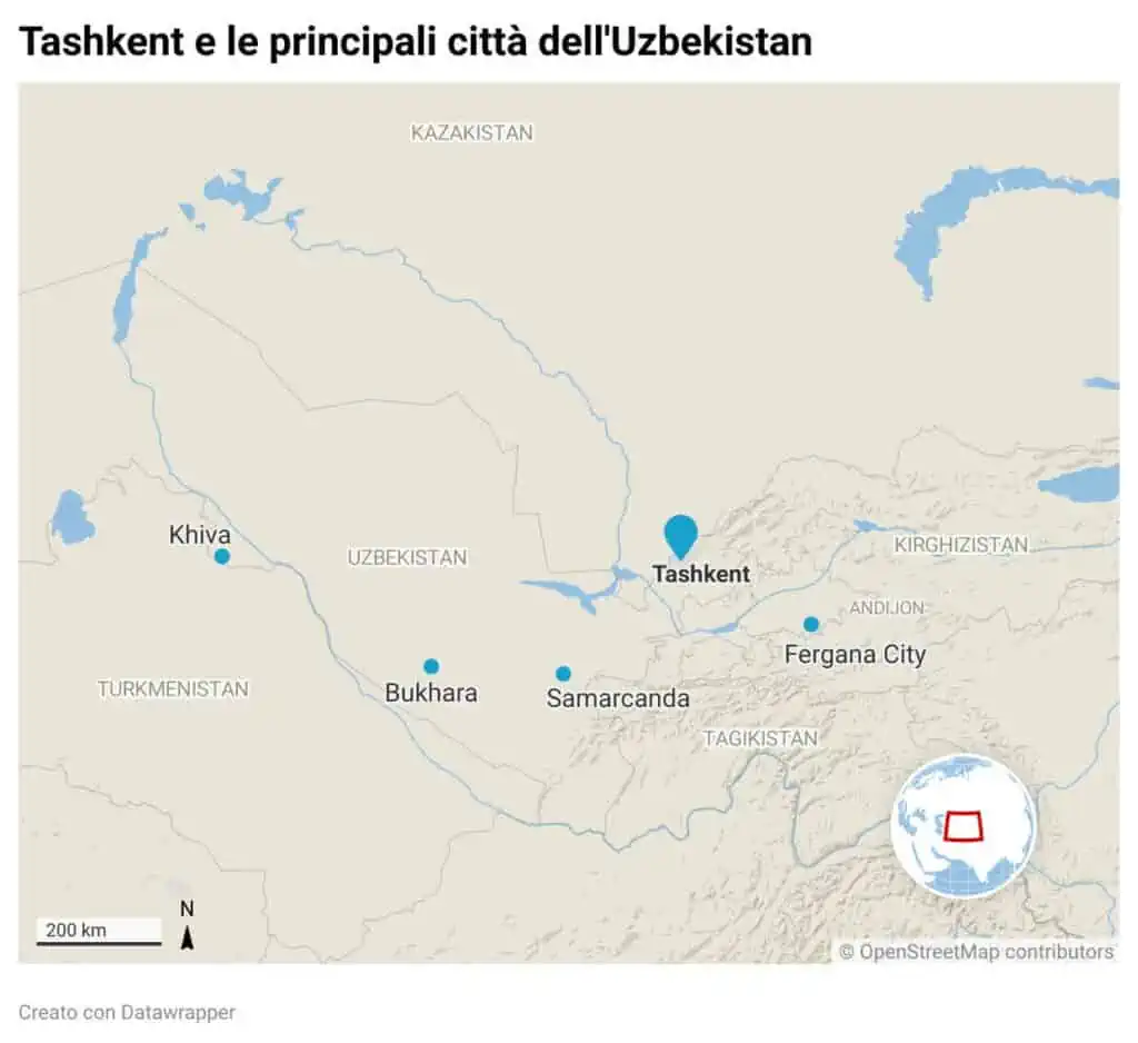 Mappa con Tashkent e le principali città dell'Uzbekistan