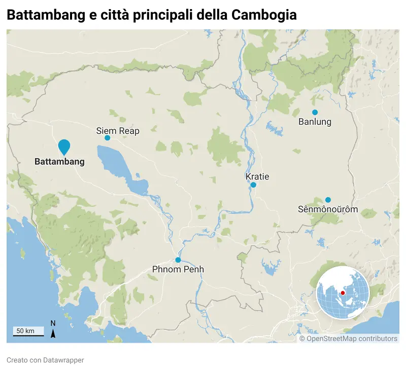 Mappa che mostra Battambang nel contesto del territorio e delle altre città della Cambogia