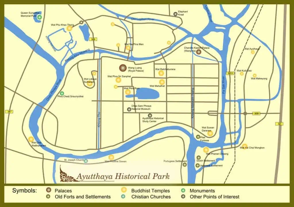 La mappa dell'antica città thailandese di Ayutthaya