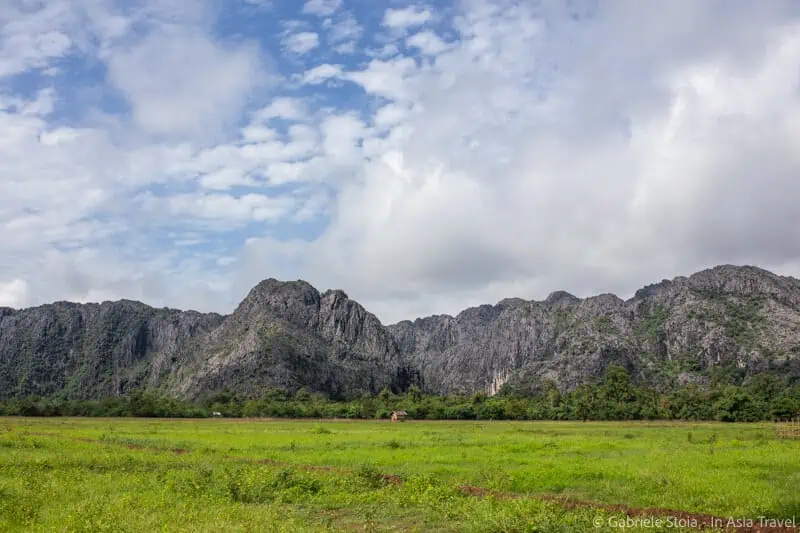 Paesaggio rurale del Laos: risaie e montagne calcaree