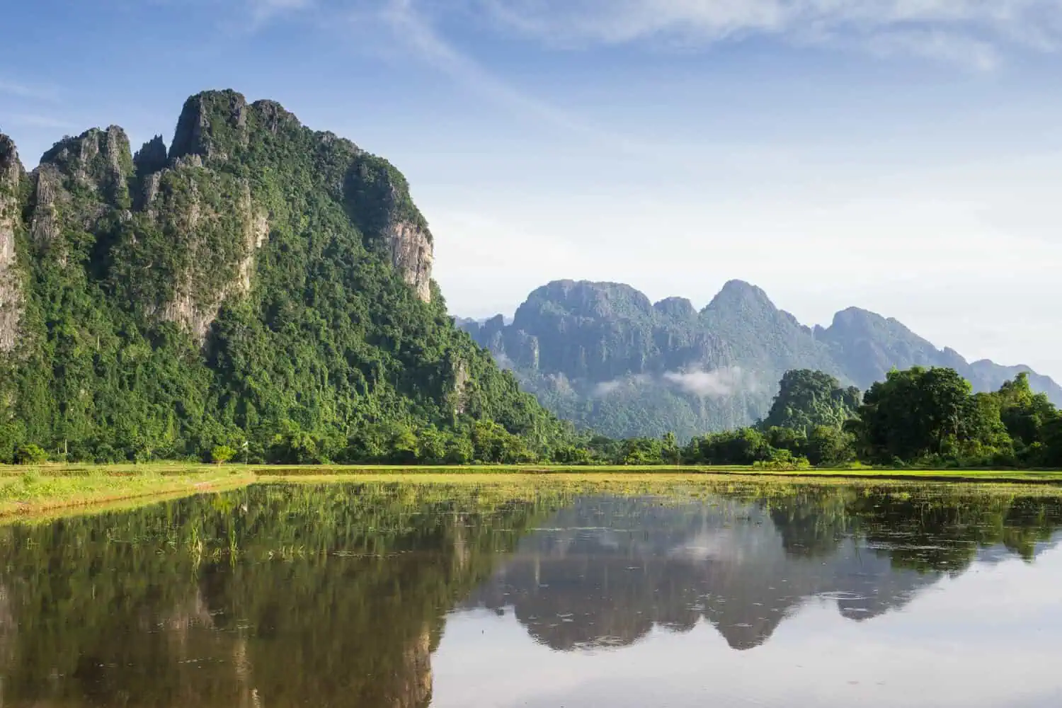 The limestone karst mountains of Vang Vieng, covered in lush tropical forest